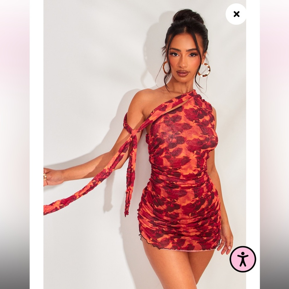 Petite Orange Print Crushed Mesh One Shoulder Mini Dress